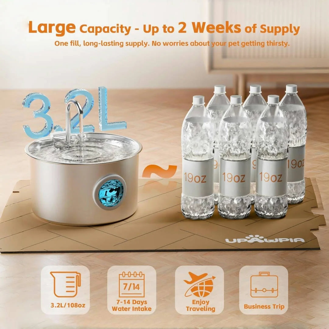 Opeth stainless steel cat water fountain with 108oz capacity, automatic pet dispenser, and sleek design for fresh drinking water.