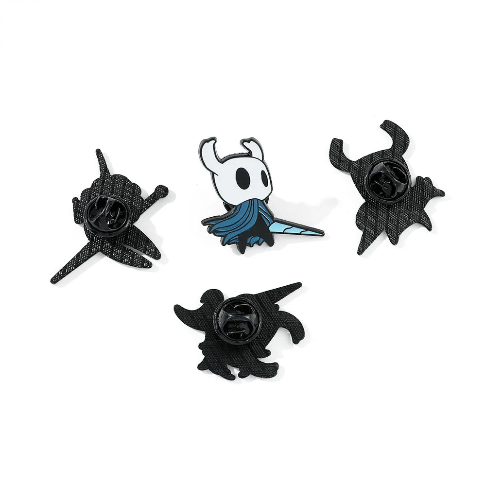 Hollow Knight enamel pin by Hot Toys featuring zinc alloy metal game badge with intricate design and vibrant colors.