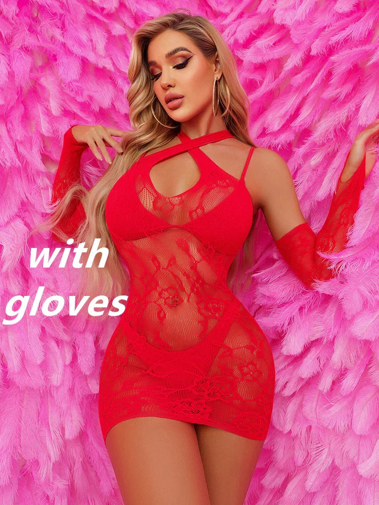 Red fishnet mini dress by SHOWLU FASHION STORE featuring hollow out see-through design, perfect for clubwear and lingerie.