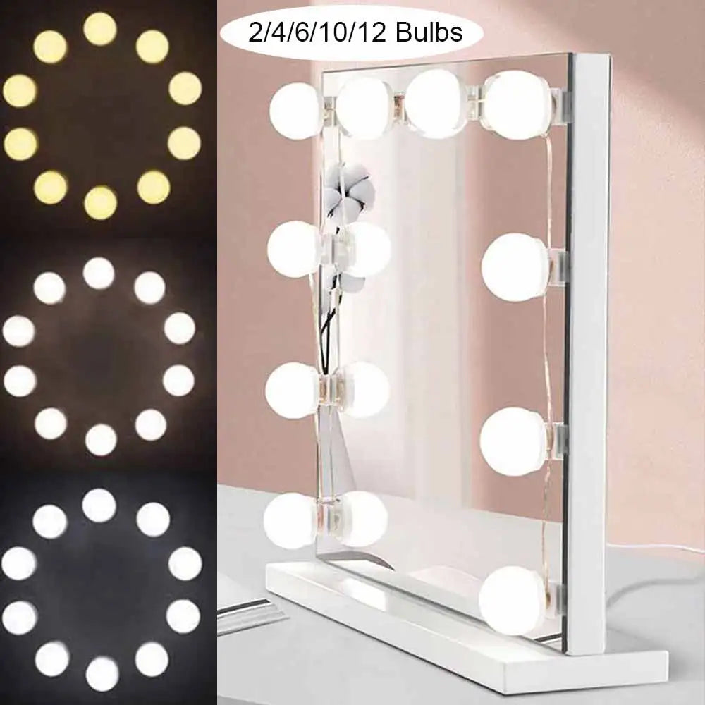 Dimmable 12V USB LED vanity mirror lights from Digitaling, shown in a sleek setup for makeup and beauty enhancement.