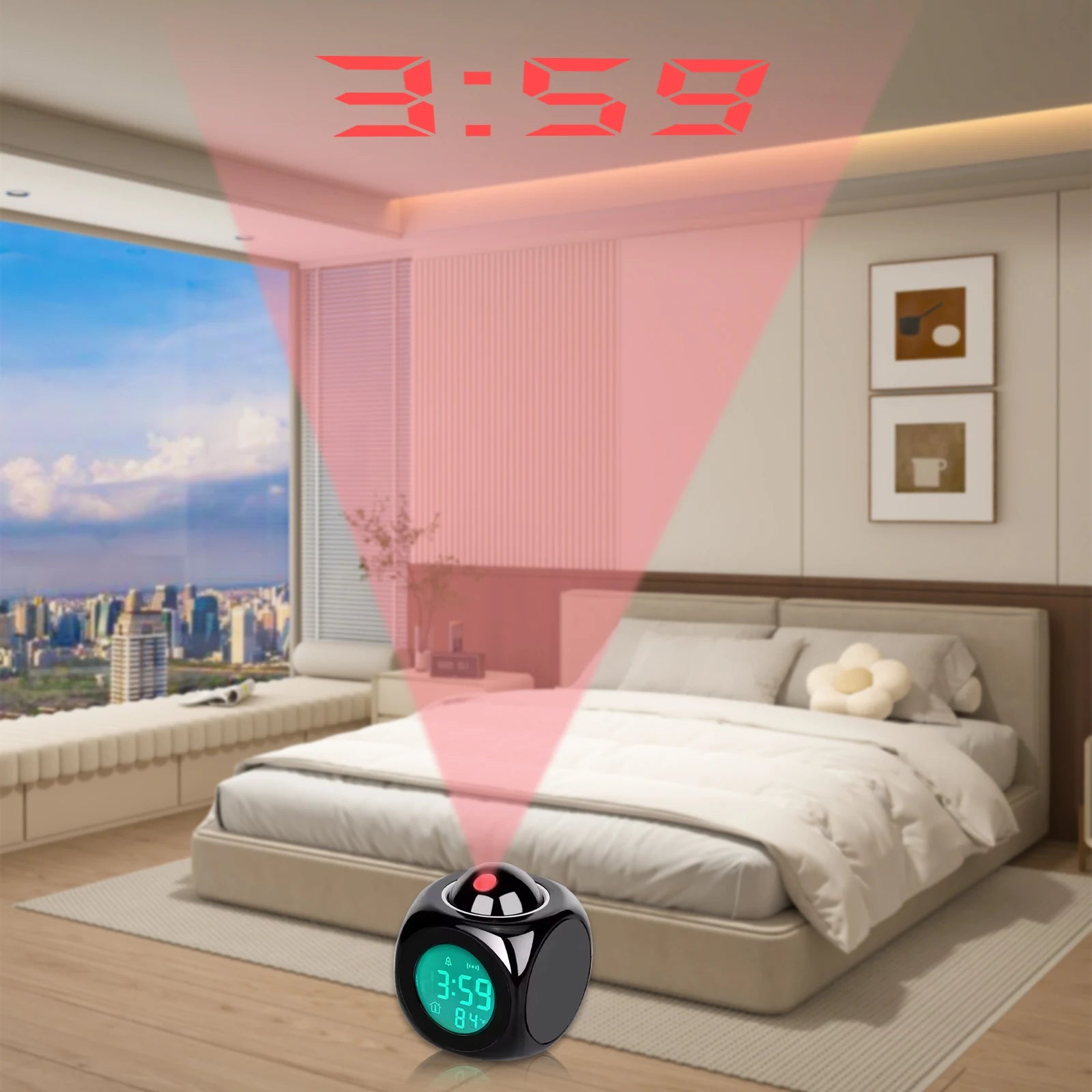 Showlu Smart LED Alarm Clock with digital LCD display, projector, and temperature sensor showing time and room temperature.