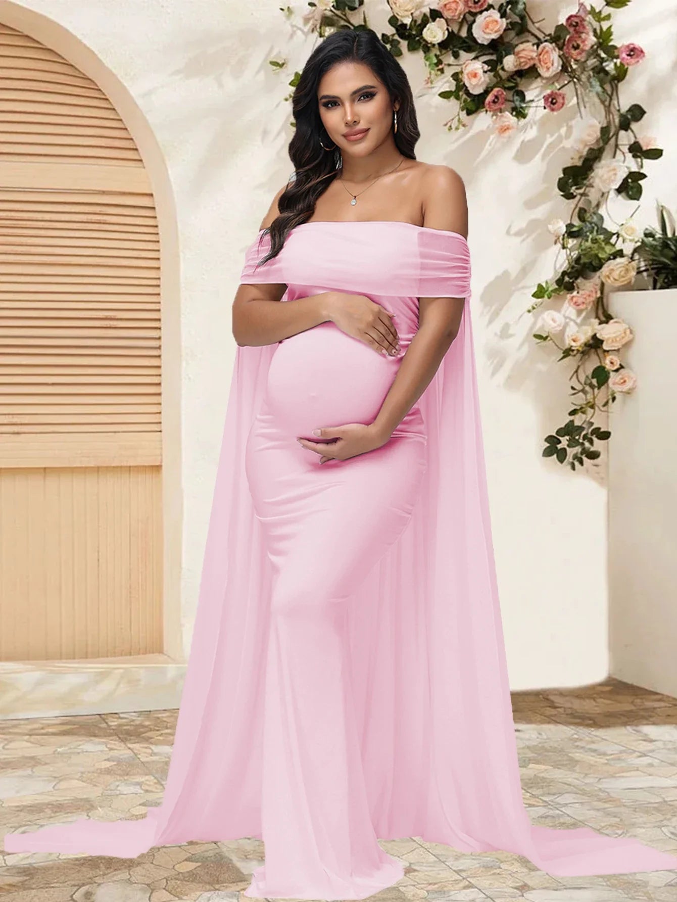 Elegant Showlu Maternity Photography Dress in mesh chiffon maxi gown, perfect for maternity photoshoots and special occasions.