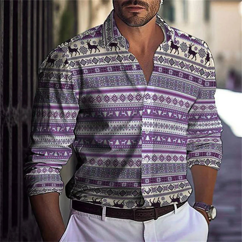 Blue plaid Hawaiian men's shirt by Showlu Fashion with long sleeves, button-up, casual summer beachwear, and comfortable lapel design.