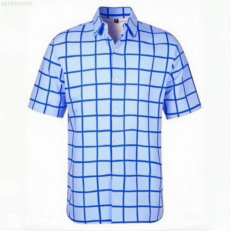 Men's short-sleeved Hawaiian plaid shirt in red and blue, breathable casual streetwear, shows lapel collar and vibrant pattern.
