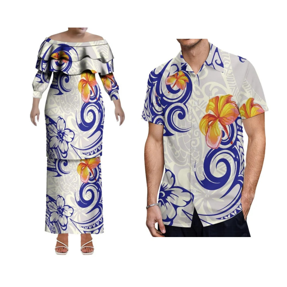 Lightweight slim mermaid dress for women with ruffle collar and sparkle detail, customizable Polynesian Samoa Hawaii beach evening style.