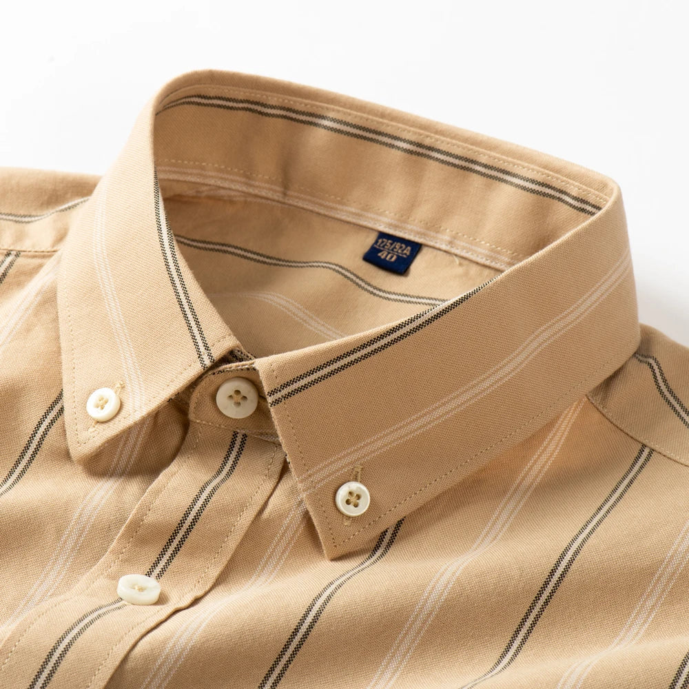 Showlu Fashion men's plaid striped dress shirt with long sleeves, made of comfortable cotton for spring and autumn casual or business wear.