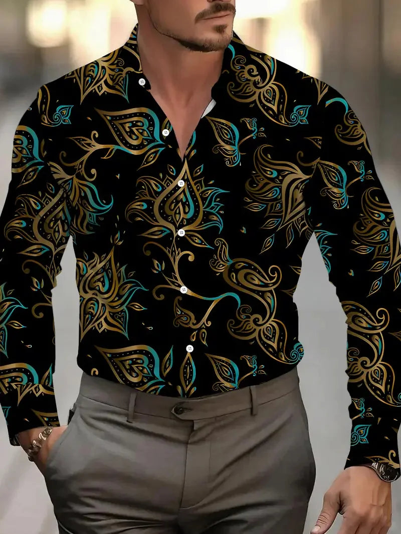 Men's long sleeve shirt by Showlu with irregular geometric print, button-up design, ideal for street fashion and casual wear.
