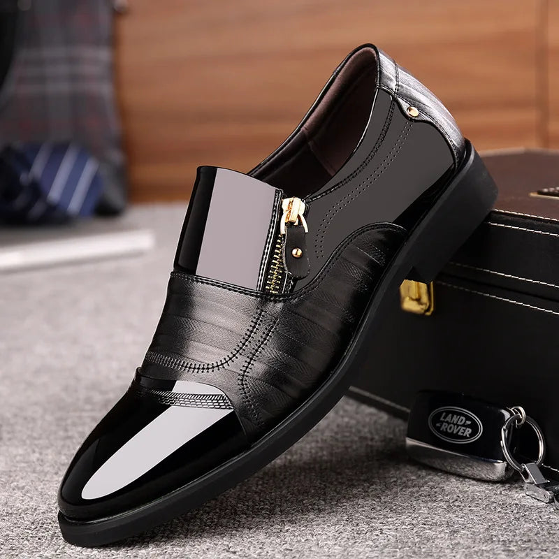 Men's black leather dress shoes by Showlu Fashion Store, waterproof pointed toe business flats, sleek formal footwear with polished finish.