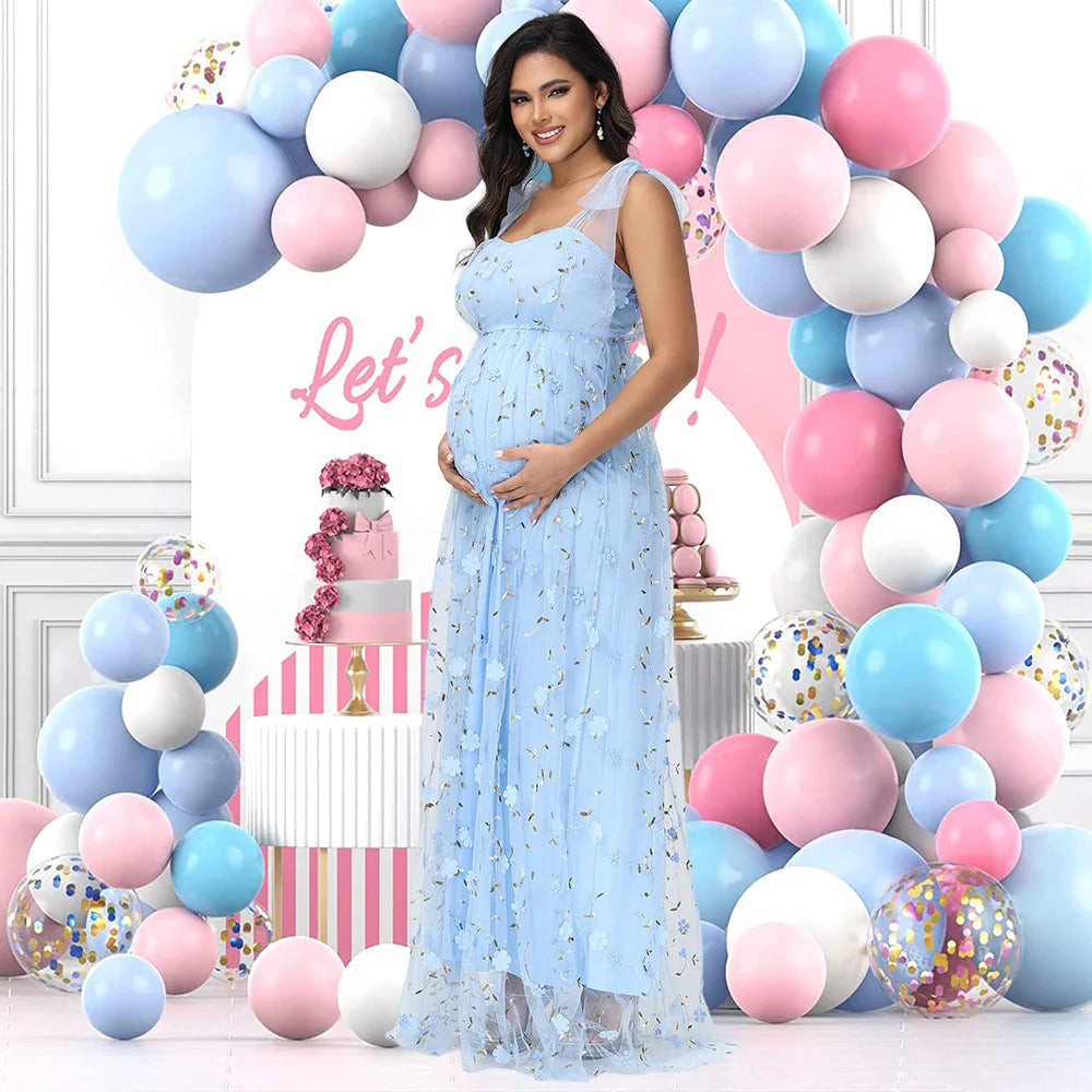 Showlu maternity tulle floral embroidery gown with V-neck, elegant photoshoot dress perfect for showcasing a baby bump.