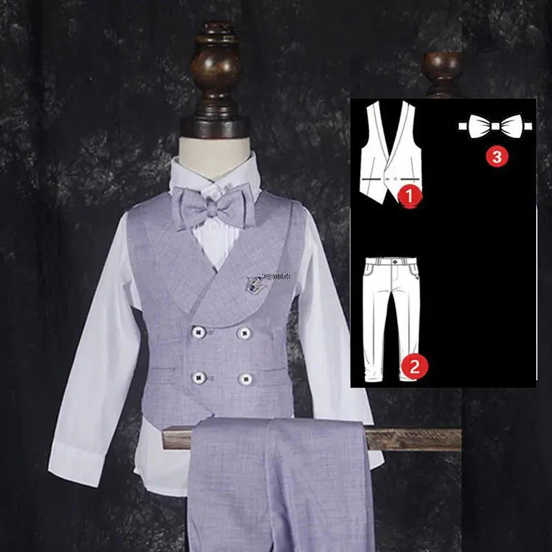 Purple boys' formal wedding suit with 5-piece tuxedo set by SHOWLU FASHION STORE, featuring jacket, vest, shirt, trousers, and bow tie.