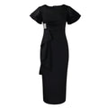 Elegant African style wrap dress by Showlu Fashion with pure color, lace trim, and fashionable transoceanic design, shown in a stylish pose.