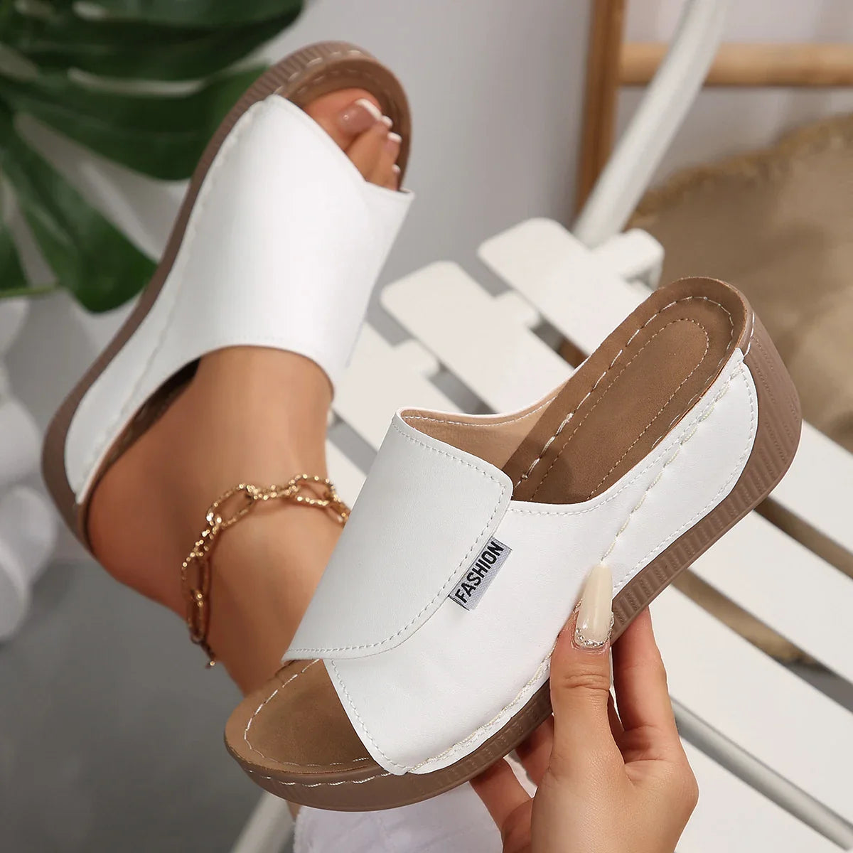 JakobFors women's wedge slippers with open toe design and buckle detail, summer sandals in neutral color