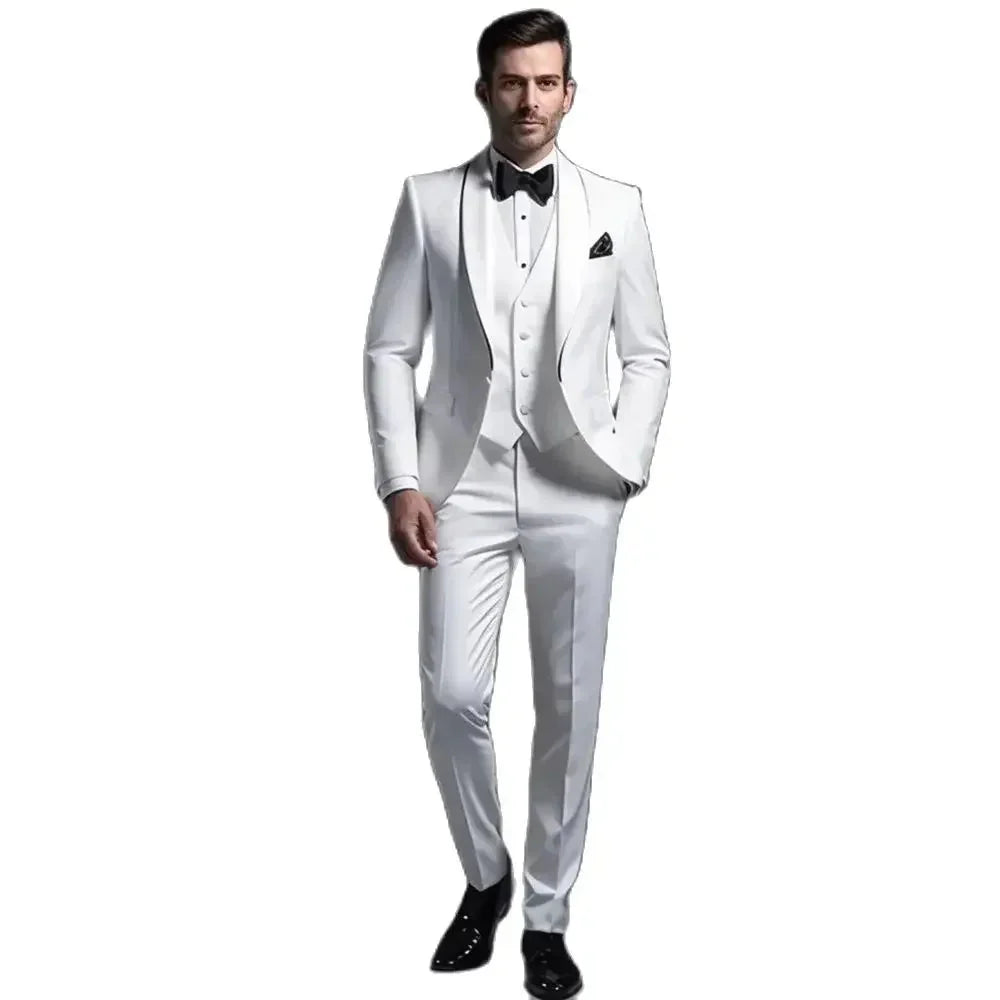 White 3-piece slim fit wedding tuxedo with shawl lapel for men, featuring tailored design and classic style by SHOWLU FASHION STORE.