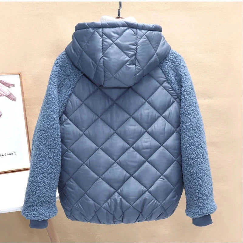 SHOWLU Women's hooded light down cotton jacket with patchwork design, short coat ideal for casual wear and added warmth.