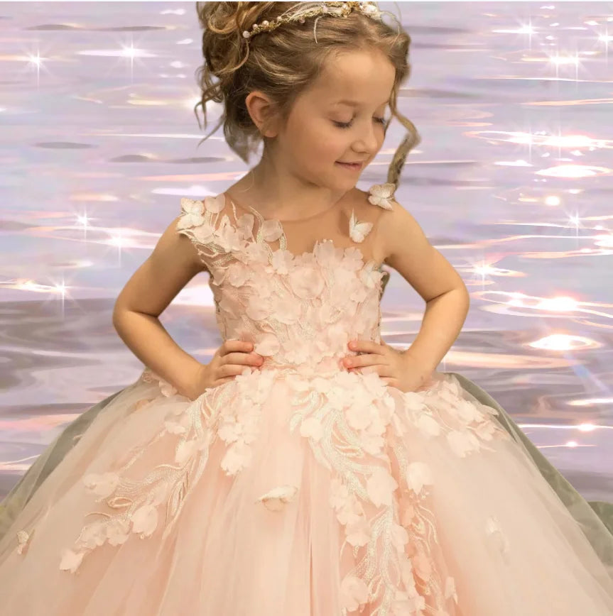 Pink flower girl dress by Showlu Fashion with 3D floral appliqué, tulle ball gown for kids, elegant and adorable for special occasions.
