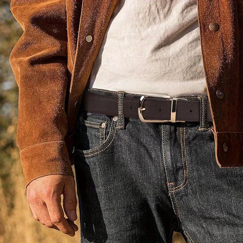 Men's genuine leather cowhide belt with rotating pin buckle, double-sided casual business belt for men, shown in black with detailed buckle