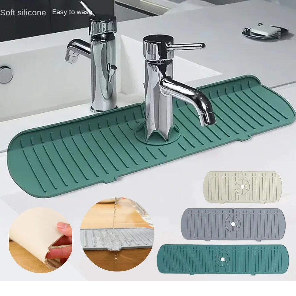Showlu Smart General silicone faucet splash guard preventing water splashes around kitchen sink faucet.