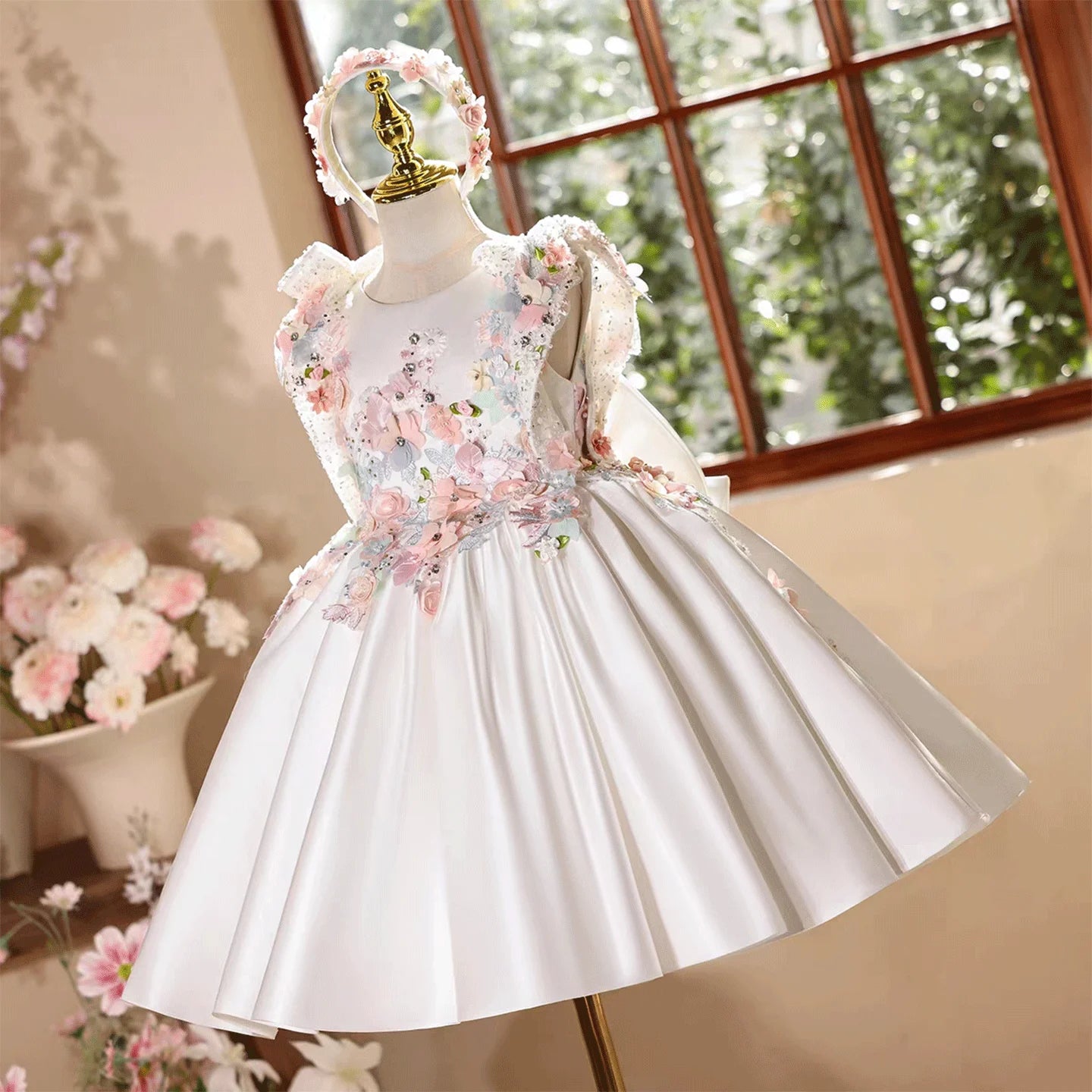 Dreamy Vow D247  Wedding Flower Girls Dress with Giant Back Bow White Satin Party Dress Children Birthday 3D Flowers