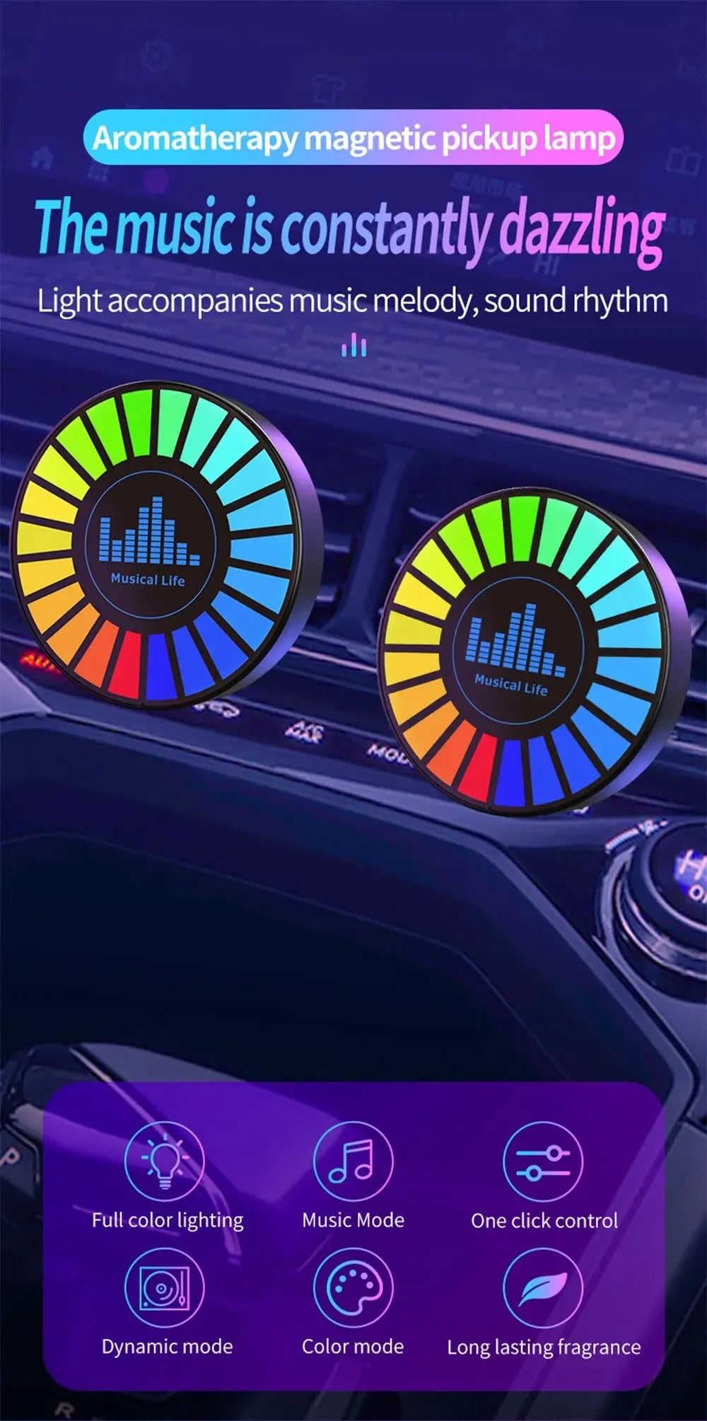 RGB Music Sync Magnetic Car Light by Showlu Smart General, showing colorful LED lights attached to a vehicle interior.