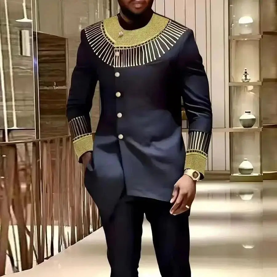 Showlu Men's African Kaftan Set made of cotton blend, two-piece wedding suit with intricate traditional design and vibrant colors.