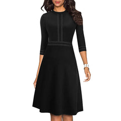Holiday Dress 2024 Women Fashion Solid O-Neck Half Sleeve Dress Stripe Splice Zipper Mini Dress Elastic Waistband Dress платье