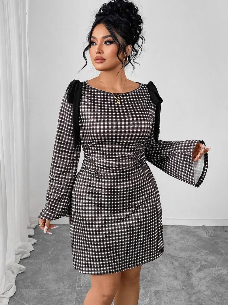 Women's grid print slim fit pencil dress with long sleeves and O-neck from Showlu Fashion Store, shown in a stylish close-up image.