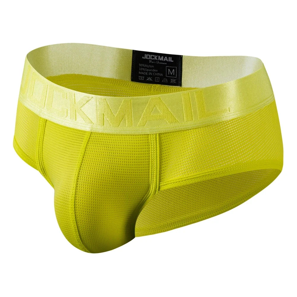 Men's nylon mesh briefs by JOCKMAIL, quick-dry solid color underwear with breathable mesh fabric, shown in black.