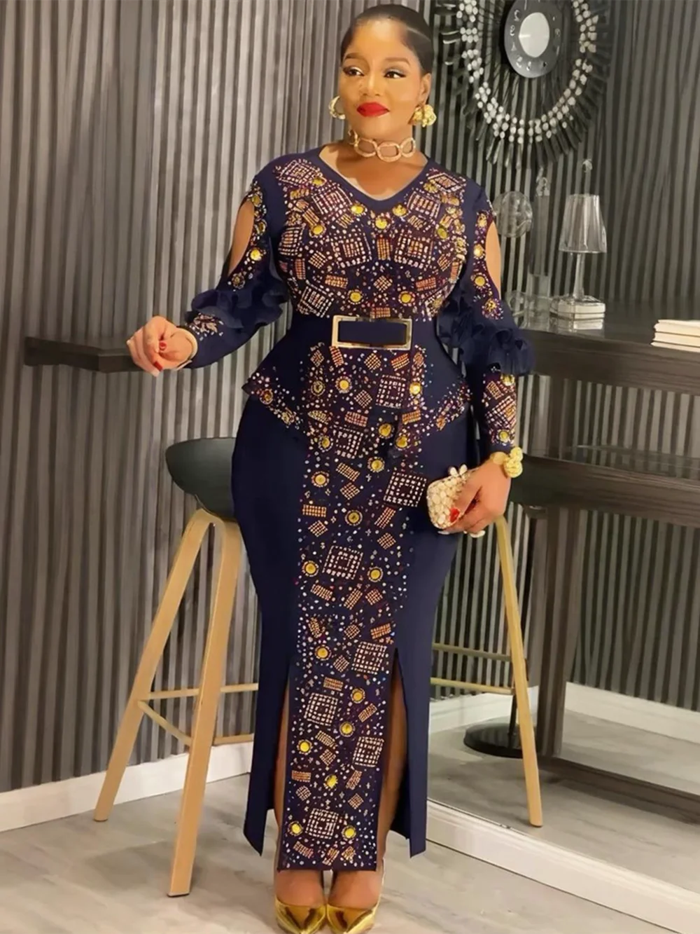 Plus Size African Party Dresses for Women Dashiki Diamond Bodycon Slit Long Dress Elegant Turkey Muslim Wedding Evening Gown