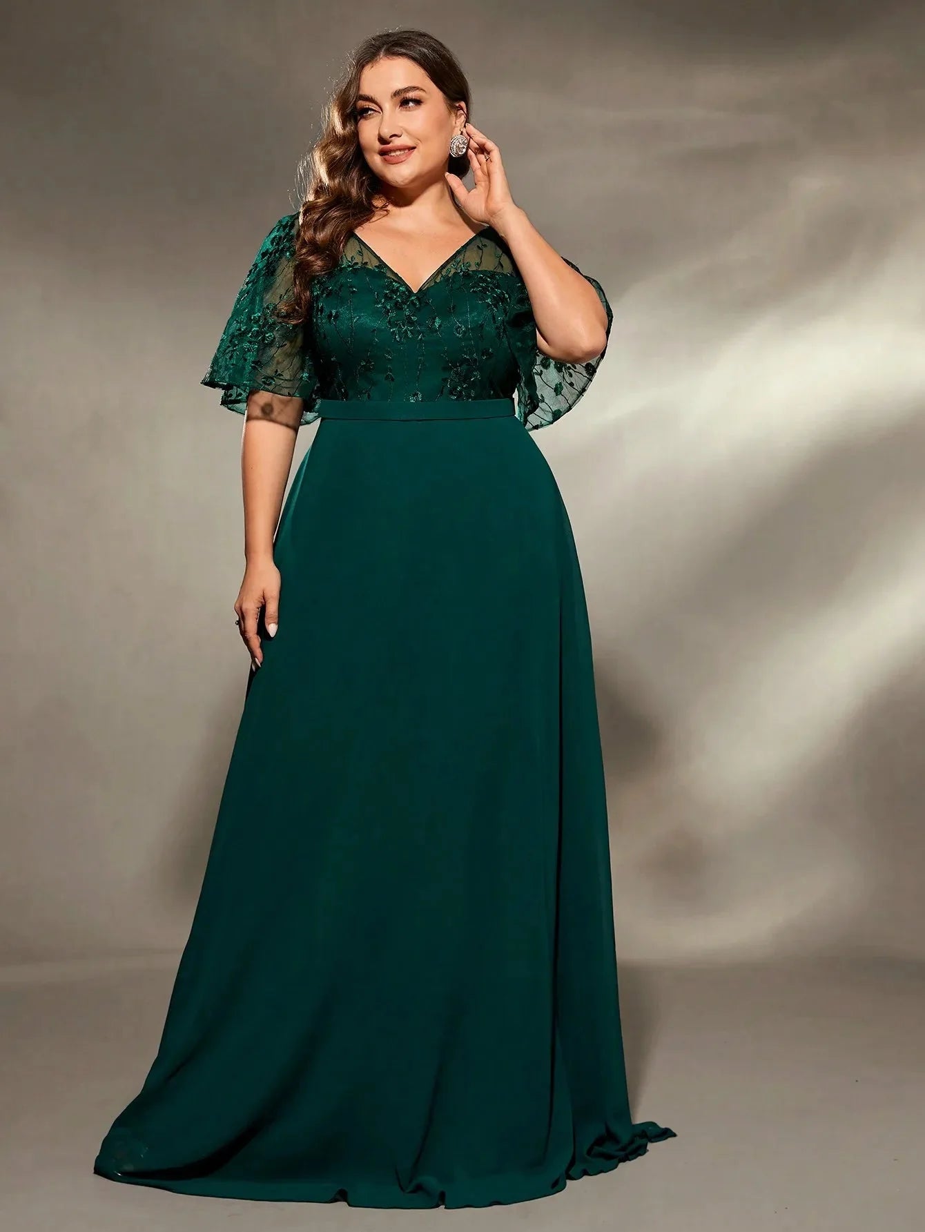 Plus size SHOWLU FASHION V-Neck embroidered chiffon evening gown with intricate embroidery, perfect for formal occasions.