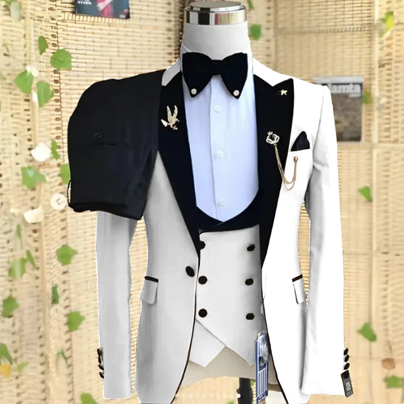Beige formal men's 3-piece suit with peaked lapel, blazer, pants, and vest, suitable for wedding, business, or party occasions.