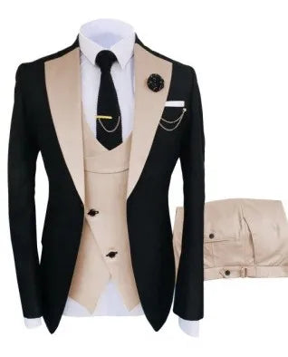 Elegant men's tuxedo suit by Showlu Fashion featuring jacket, trousers, and vest for formal parties and groomsmen attire.