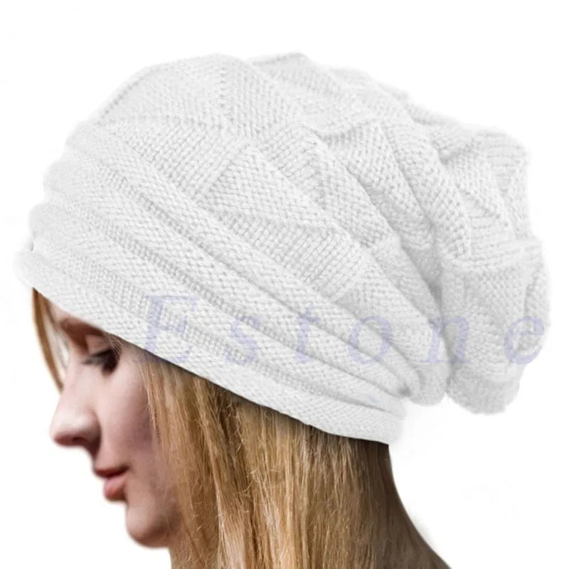 Women’s winter knitted slouchy beanie hat with warm woolen knit, perfect for outdoor snow skiing and cold weather.