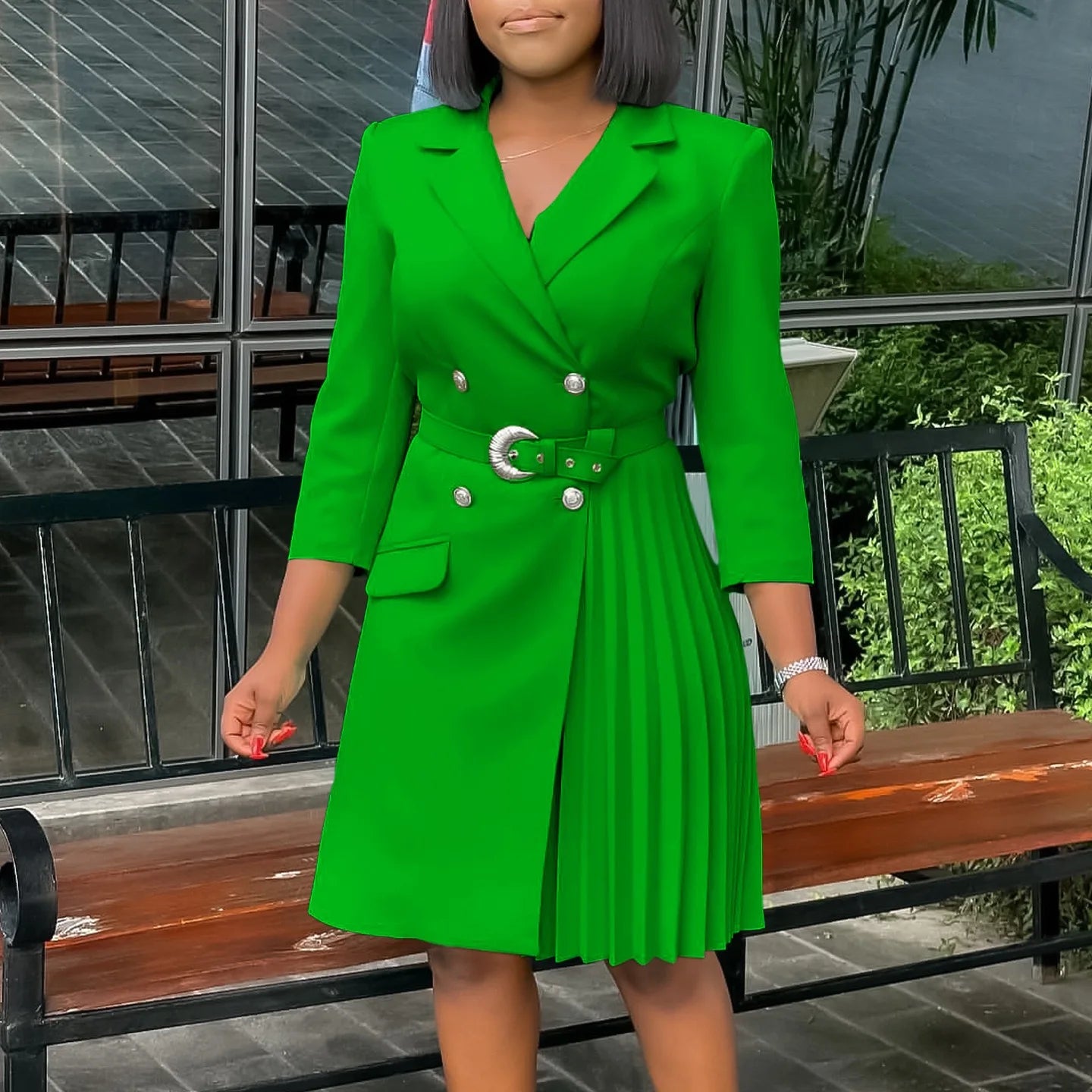 Elegant women's 2024 autumn winter dress with notched collar, full sleeves, sashes, pleated design, mid-calf length, solid fashion style.