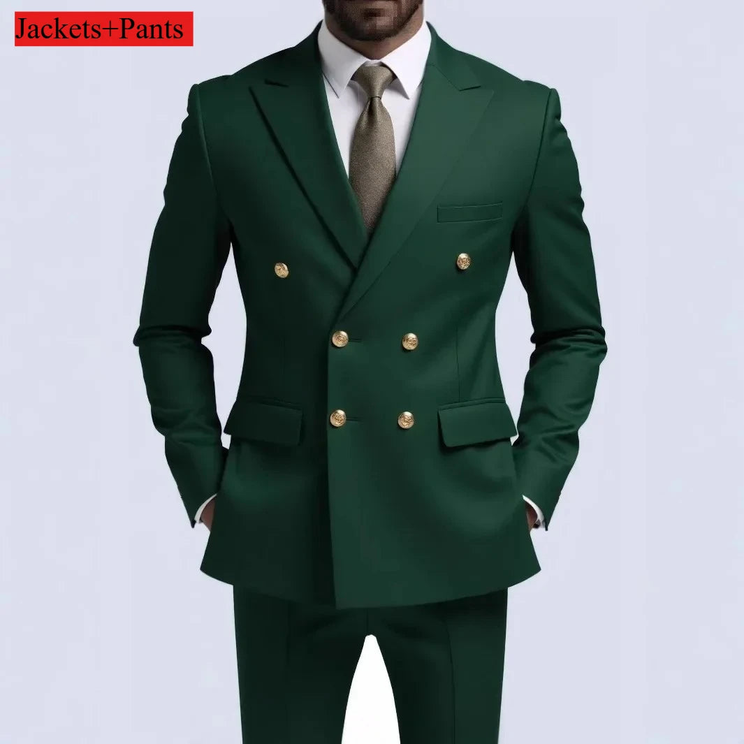 Black men's double-breasted slim fit suit with gold buttons, high-quality wedding or party costume, shown from the front.