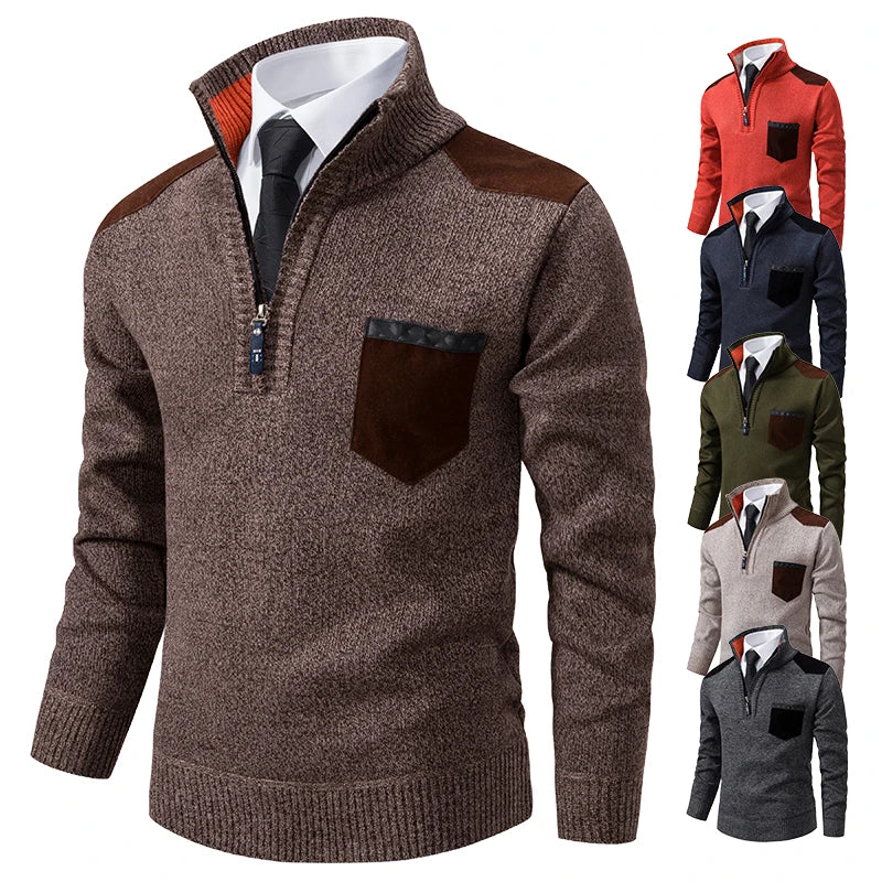Showlu men's cashmere pullover sweater with stand collar, half zipper, thick knit, ideal for autumn and winter outerwear.