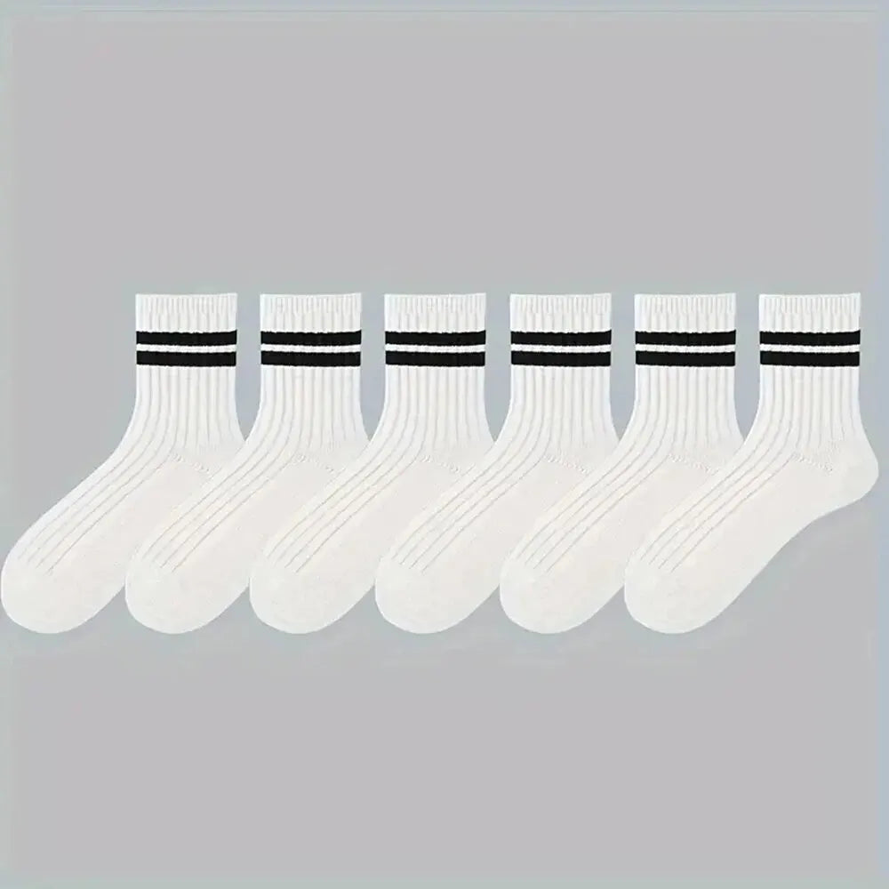Six pairs of men's breathable spring and autumn striped black and white casual mid-tube socks from Showlu Fashion Store.