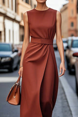 Fashion Casual Long Dress Female Sleeveless O-neck Solid Color Waist-closing Women Dresses Elegant Office Ladies Dresses Summer