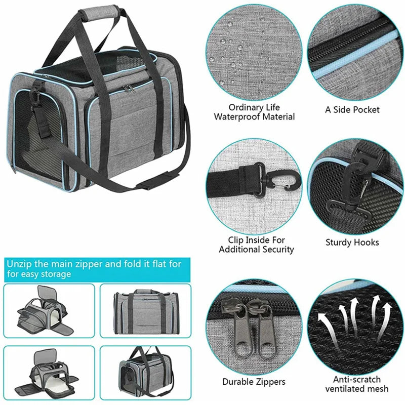 Foldable Showlu Fashion pet carrier bag for cats, portable travel bag with mesh sides and handle for easy transport.