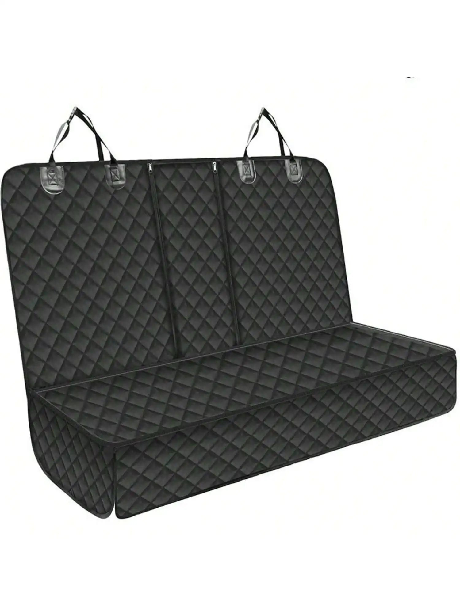 Waterproof dog car seat cover with middle armrest, pet travel mattress, Showlu Fashion Store dog seat protector in a car interior.