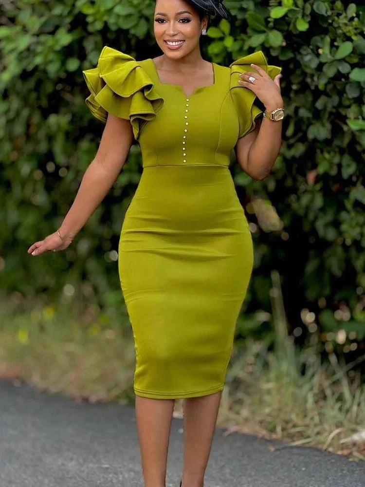 AOMEI Women's V-Neck Ruffle Sleeve Party Dress in elegant sheath midi style, featuring ruffled sleeves and a fitted silhouette.
