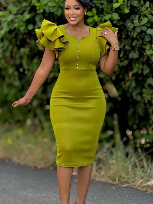 AOMEI Women's V-Neck Ruffle Sleeve Party Dress in elegant sheath midi style, featuring ruffled sleeves and a fitted silhouette.