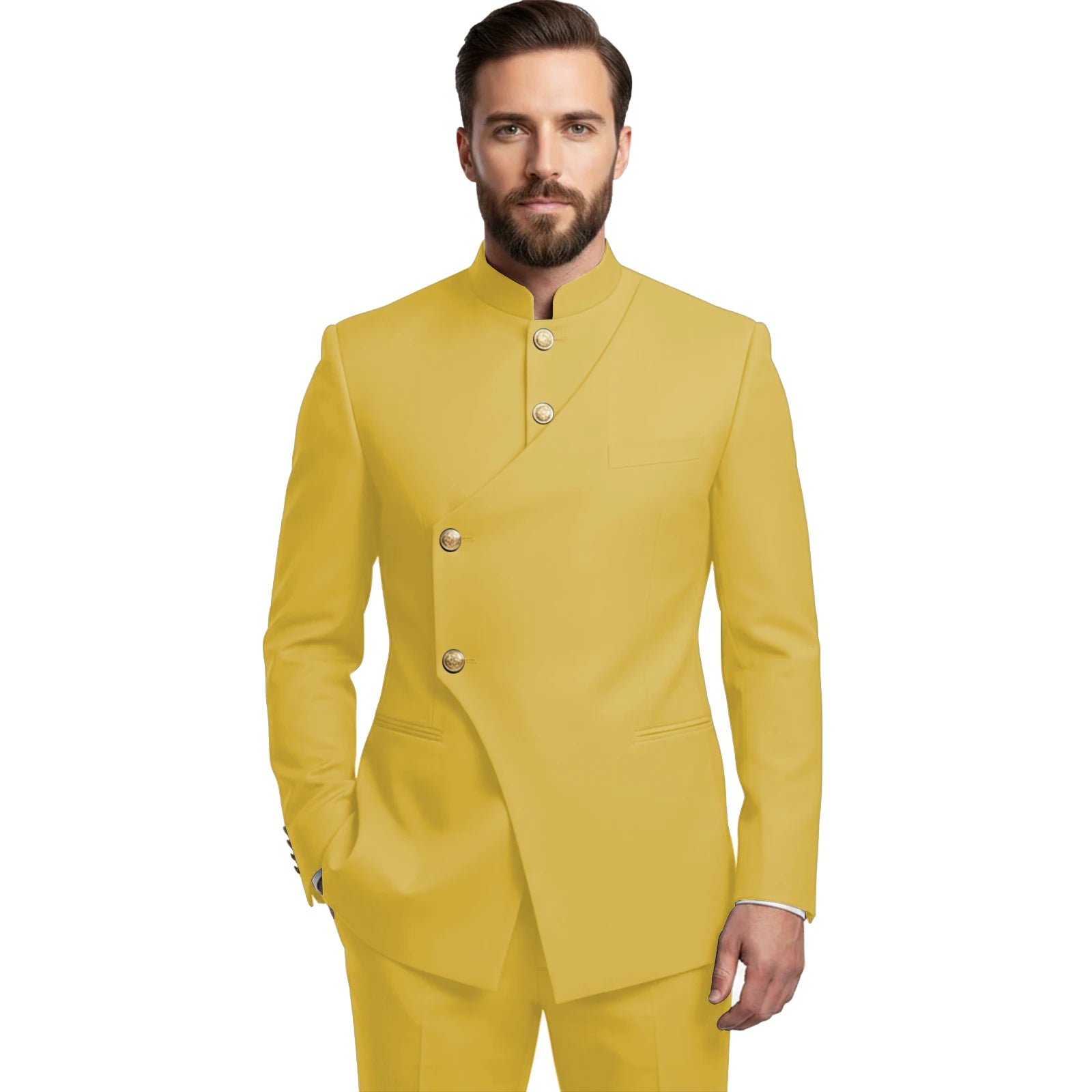 Chinese Suit Men 2 Piece Tunic Suits Slim Fit Safari Suits for Men Mandarin Collar Suit Blazer Pants Set