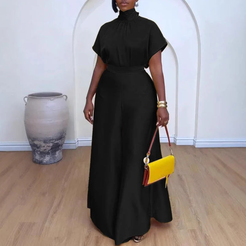 African fashion 2024 women two-piece set with soft satin lace-up top and wide-leg pants, stylish matching outfit.