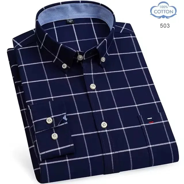 Men’s long sleeve plaid oxford shirt in red, made from 100% pure cotton, featuring a striped checked design for business or casual wear.
