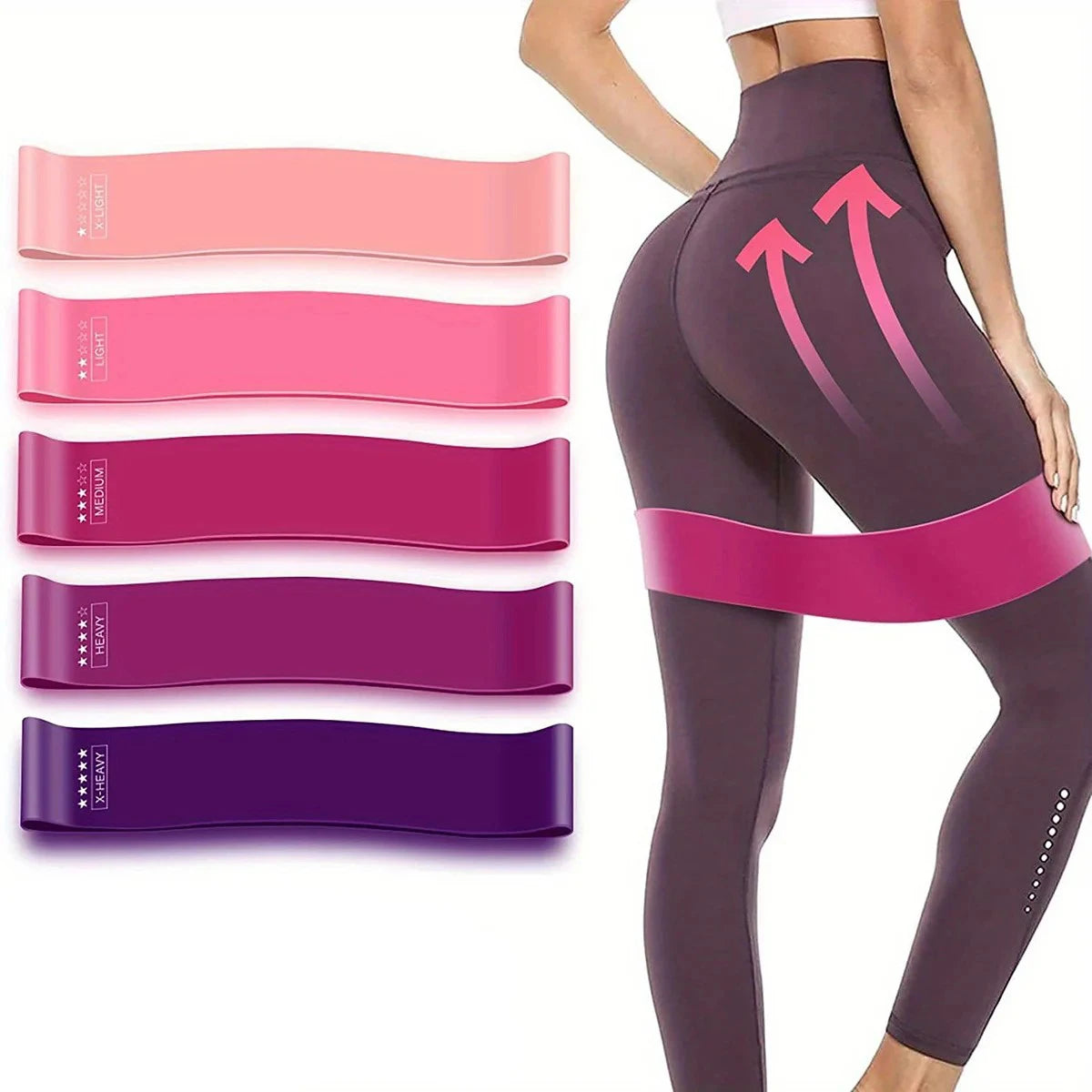 Set of Showlu Fitness elastic resistance bands for yoga, Pilates, and Crossfit workouts, ideal for home training and stretching exercises.