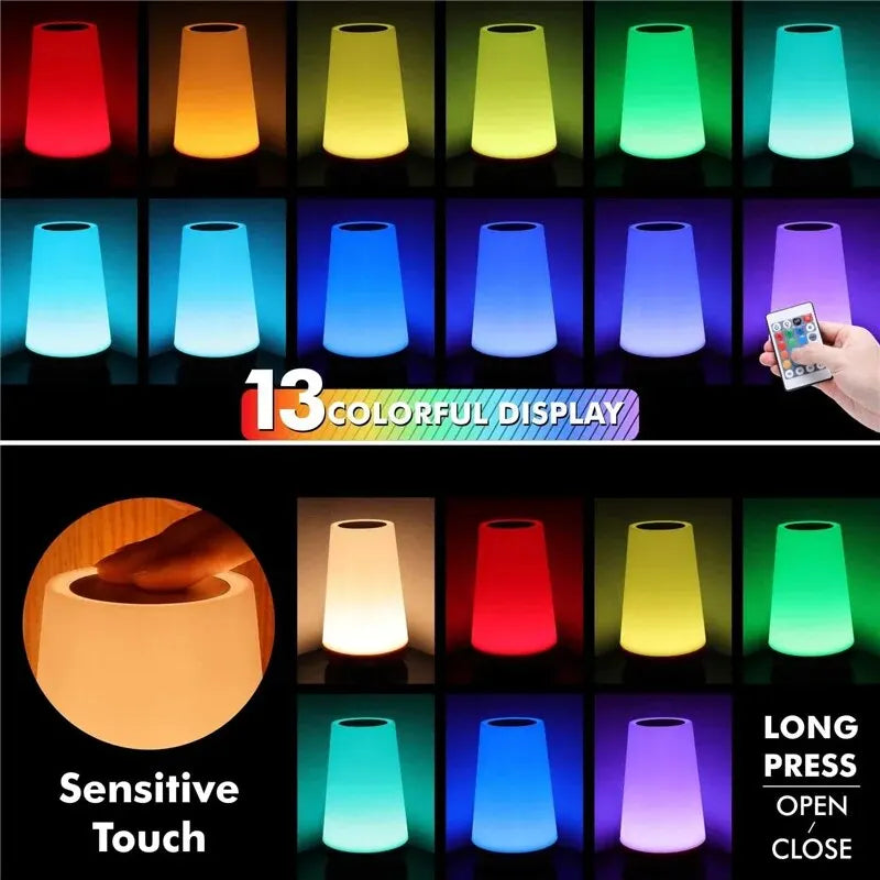 Showlu Smart General RGB Touch Remote Night Light displaying colorful lighting and touch controls in a modern bedroom setting.