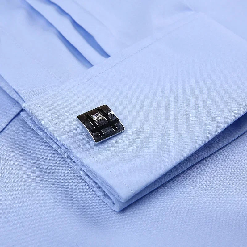 White men's dress shirt with French cufflinks, slim fit long sleeves, ideal for tuxedos and formal occasions.