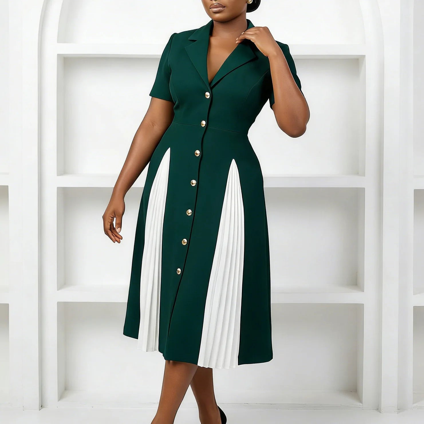 Elegant women's business casual dress by Showlu Fashion, patchwork cotton blend fabric, with a fitted silhouette and stylish design.