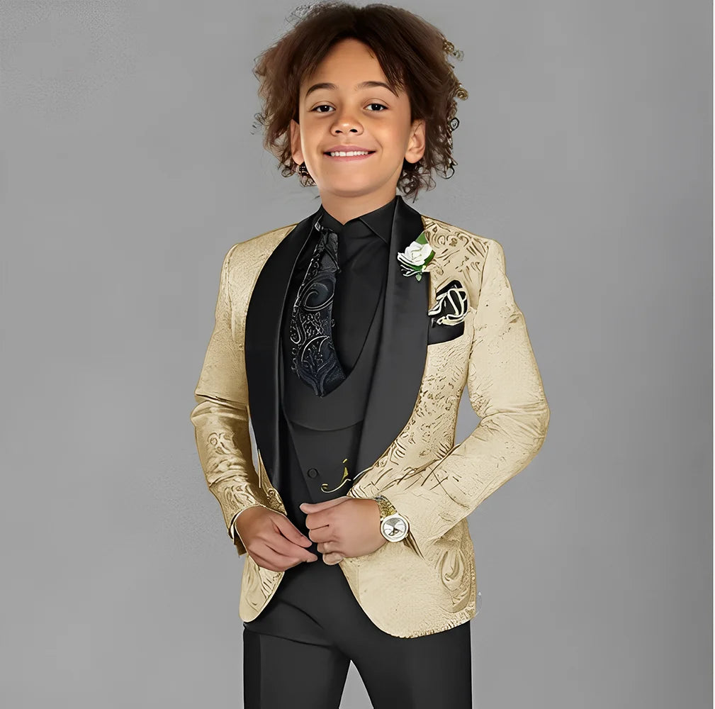 Showlu Fashion Boys 3-piece Jacquard suit set with tuxedo jacket, pants, and vest for kids 2-16 years, formal wedding or party attire.
