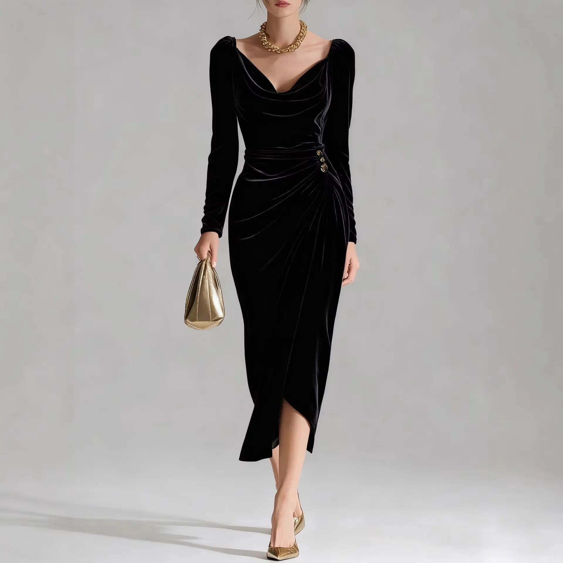 Showlu Women's velvet V-neck bodycon dress with slim fit and pleated A-line design, shown in a stylish evening gown style.